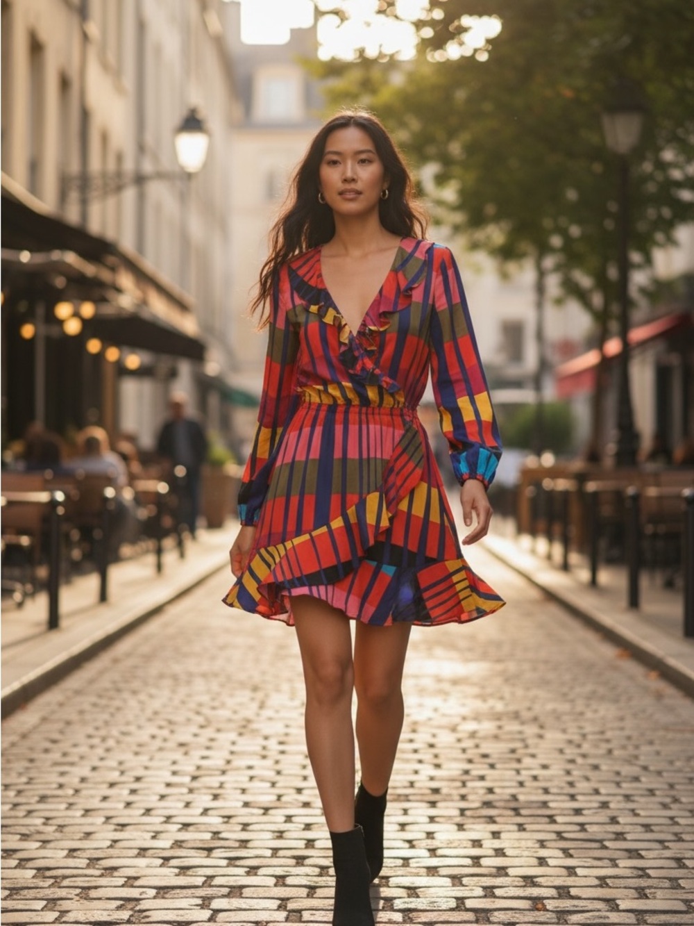 Express Multicolor Geometric Ruffle Wrap Mini Dress Medium